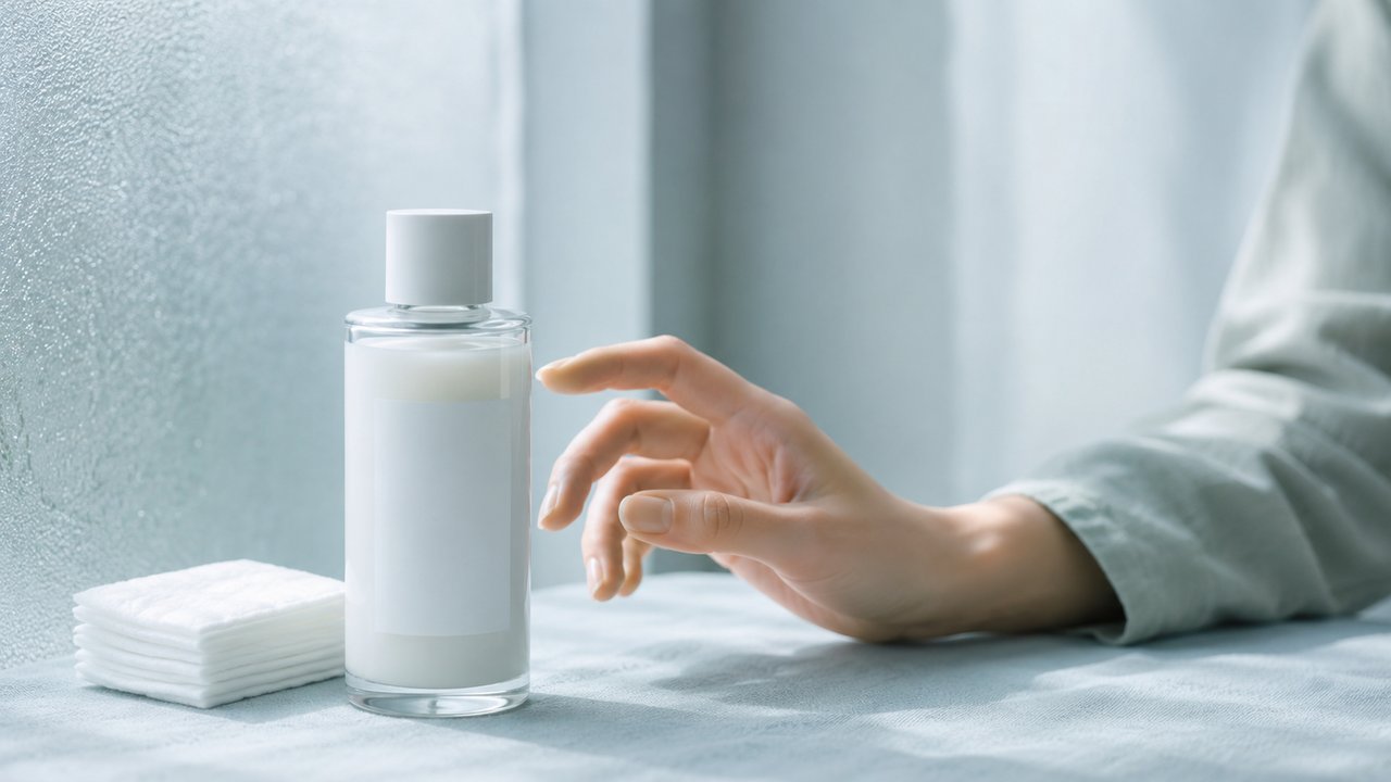 乳白色の化粧水ボトルとコットンに手を伸ばして迷う女性の手元